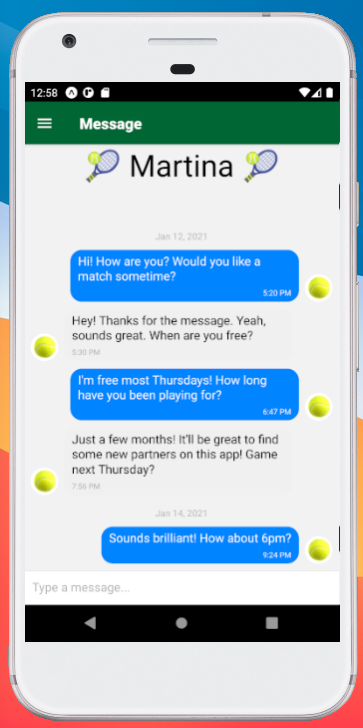 Messages screen of Tennis Match app